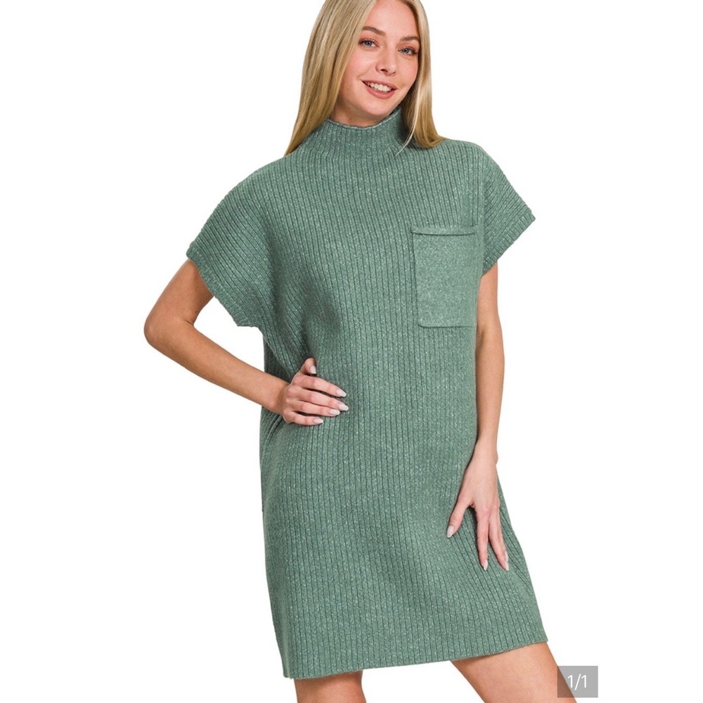 Zenana Sweater Dress Women Small Green Mock Neck Sleeveless Ribbed TW-2375Y